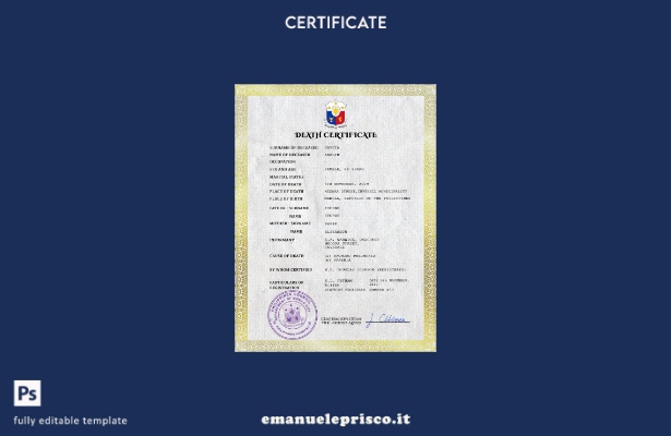 modello PSD del certificato di morte dei documenti di stato civile delle Filippi